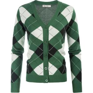 GRACE KARIN Womens Cardigan Sweater Spring Fashion Long Sleeve Argyle Sweater V Neck Button Up Cardigan Preppy Clothes(Plaid Green White)