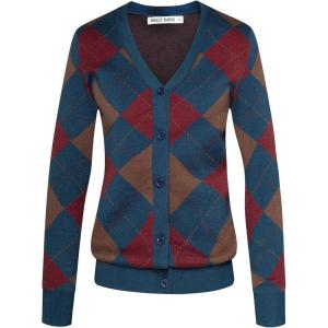 GRACE KARIN Womens Cardigan Sweater Spring Fashion Long Sleeve Argyle Sweater V Neck Button Up Cardigan Preppy Clothes(Red Blue Coffee)