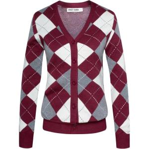 GRACE KARIN Womens Cardigan Sweater Spring Fashion Long Sleeve Argyle Sweater V Neck Button Up Cardigan Preppy Clothes(Wine)