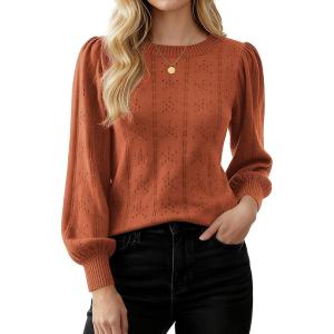 GRACE KARIN Women’s Long Lantern Sleeve Crew Neck Crochet Top Hollow Out Fall Pullover Sweater(Caramel)