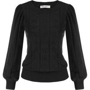 GRACE KARIN Women’s Long Lantern Sleeve Crew Neck Crochet Top Hollow Out Fall Pullover Sweater(Cl0834 Black Long Sleeve)