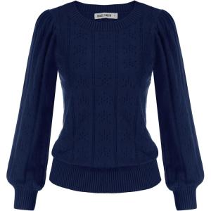 GRACE KARIN Women’s Long Lantern Sleeve Crew Neck Crochet Top Hollow Out Fall Pullover Sweater(Cl0834 Dark Blue Long Sleeve)