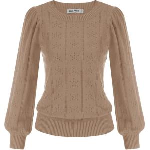 GRACE KARIN Women’s Long Lantern Sleeve Crew Neck Crochet Top Hollow Out Fall Pullover Sweater(Cl0834 Dark Khaki Long Sleeve)