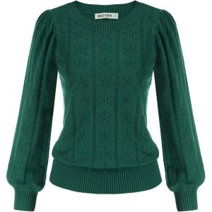 GRACE KARIN Women’s Long Lantern Sleeve Crew Neck Crochet Top Hollow Out Fall Pullover Sweater(Cl0834 Green Long Sleeve)