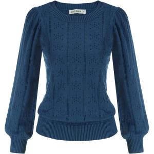 GRACE KARIN Women’s Long Lantern Sleeve Crew Neck Crochet Top Hollow Out Fall Pullover Sweater(Cl0834 Navy Blue Long Sleeve)