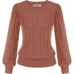 GRACE KARIN Women’s Long Lantern Sleeve Crew Neck Crochet Top Hollow Out Fall Pullover Sweater(Cl0834 Red Brown Long Sleeve)