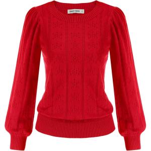 GRACE KARIN Women’s Long Lantern Sleeve Crew Neck Crochet Top Hollow Out Fall Pullover Sweater(Cl0834 Red Long Sleeve)