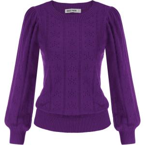 GRACE KARIN Women’s Long Lantern Sleeve Crew Neck Crochet Top Hollow Out Fall Pullover Sweater(Dark Purple)