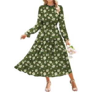 GRACE KARIN Women’s Long Sleeve Maxi Dress 2026 Chiffon Flowy Wedding Guest Dresses Floral Dress with Pockets(Green and White Floral)