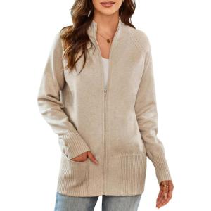 GRACE KARIN Womens Long Sleeve Zip Up Knit Cardigan with Pockets Stand Collar Full Zip Sweater Coats Trendy Fall Jackets(Apricot)