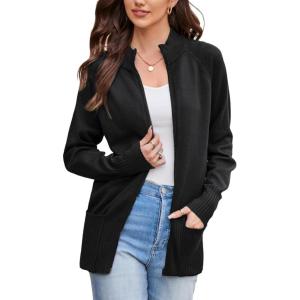 GRACE KARIN Womens Long Sleeve Zip Up Knit Cardigan with Pockets Stand Collar Full Zip Sweater Coats Trendy Fall Jackets(Black)