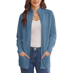 GRACE KARIN Womens Long Sleeve Zip Up Knit Cardigan with Pockets Stand Collar Full Zip Sweater Coats Trendy Fall Jackets(Blue-grey)