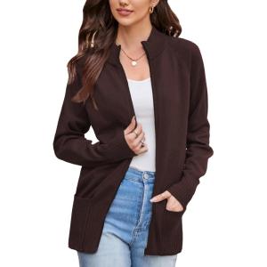 GRACE KARIN Womens Long Sleeve Zip Up Knit Cardigan with Pockets Stand Collar Full Zip Sweater Coats Trendy Fall Jackets(Chocolate Brown)