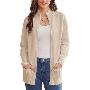GRACE KARIN Womens Long Sleeve Zip Up Knit Cardigan with Pockets Stand Collar Full Zip Sweater Coats Trendy Fall Jackets(Cream)