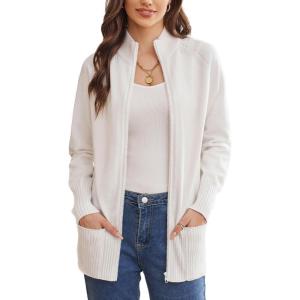GRACE KARIN Womens Long Sleeve Zip Up Knit Cardigan with Pockets Stand Collar Full Zip Sweater Coats Trendy Fall Jackets(Ivory White)