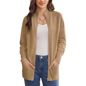 GRACE KARIN Womens Long Sleeve Zip Up Knit Cardigan with Pockets Stand Collar Full Zip Sweater Coats Trendy Fall Jackets(Khaki)