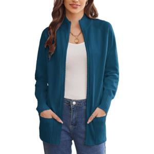 GRACE KARIN Womens Long Sleeve Zip Up Knit Cardigan with Pockets Stand Collar Full Zip Sweater Coats Trendy Fall Jackets(Lake Blue)