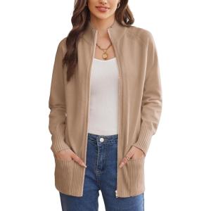 GRACE KARIN Womens Long Sleeve Zip Up Knit Cardigan with Pockets Stand Collar Full Zip Sweater Coats Trendy Fall Jackets(Light Khaki)