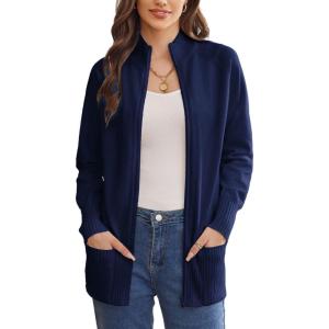 GRACE KARIN Womens Long Sleeve Zip Up Knit Cardigan with Pockets Stand Collar Full Zip Sweater Coats Trendy Fall Jackets(Navy Blue)