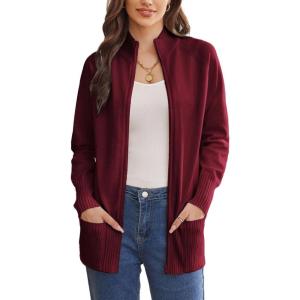 GRACE KARIN Womens Long Sleeve Zip Up Knit Cardigan with Pockets Stand Collar Full Zip Sweater Coats Trendy Fall Jackets(Wine Red)