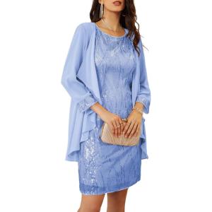 GRACE KARIN Women’s Sequin Dress – Wedding Guest & Mother of The Bride Formal Dress – Two Piece Knee Length(Light Blue)