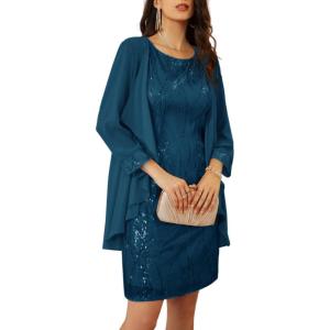GRACE KARIN Women’s Sequin Dress – Wedding Guest & Mother of The Bride Formal Dress – Two Piece Knee Length(Peacock Blue)