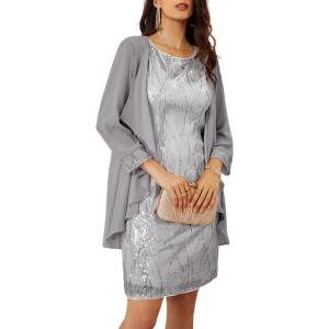 GRACE KARIN Women’s Sequin Dress – Wedding Guest & Mother of The Bride Formal Dress – Two Piece Knee Length(Silver)