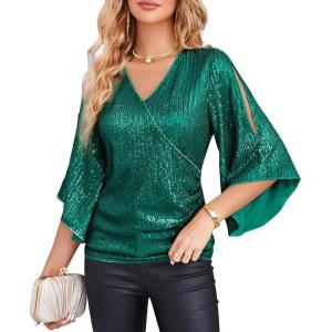 GRACE KARIN Womens Sparkly Sequin Tops,3/4 Sleeve Glitter Party Dressy Blouse,V-Neck Disco Evening Club Concert Shirt(Blue-green)
