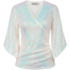 GRACE KARIN Womens Sparkly Sequin Tops,3/4 Sleeve Glitter Party Dressy Blouse,V-Neck Disco Evening Club Concert Shirt(Colorful Silvery)