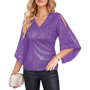 GRACE KARIN Womens Sparkly Sequin Tops,3/4 Sleeve Glitter Party Dressy Blouse,V-Neck Disco Evening Club Concert Shirt(Lavender)