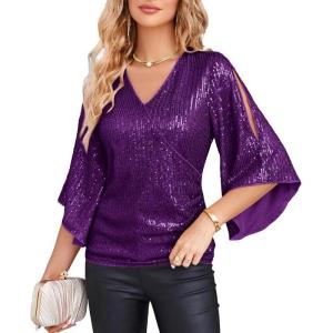 GRACE KARIN Womens Sparkly Sequin Tops,3/4 Sleeve Glitter Party Dressy Blouse,V-Neck Disco Evening Club Concert Shirt(Purple)