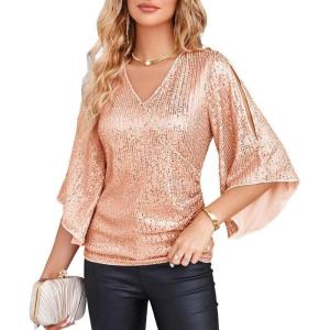 GRACE KARIN Womens Sparkly Sequin Tops,3/4 Sleeve Glitter Party Dressy Blouse,V-Neck Disco Evening Club Concert Shirt(Rose Gold)