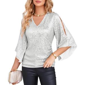 GRACE KARIN Womens Sparkly Sequin Tops,3/4 Sleeve Glitter Party Dressy Blouse,V-Neck Disco Evening Club Concert Shirt(Silver)