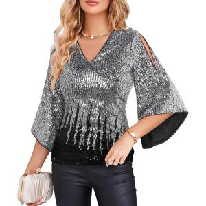 GRACE KARIN Womens Sparkly Sequin Tops,3/4 Sleeve Glitter Party Dressy Blouse,V-Neck Disco Evening Club Concert Shirt(Silver Black)