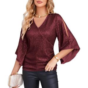 GRACE KARIN Womens Sparkly Sequin Tops,3/4 Sleeve Glitter Party Dressy Blouse,V-Neck Disco Evening Club Concert Shirt(Wine Red)