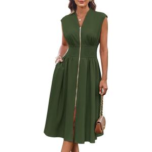 GRACE KARIN Womens Summer Casual Dress, Business Office Work Dresses, Cap Sleeve Zipper Front Flowy Midi Dress with Pockets(Army Green)