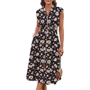 GRACE KARIN Womens Summer Casual Dress, Business Office Work Dresses, Cap Sleeve Zipper Front Flowy Midi Dress with Pockets(Black Floral)