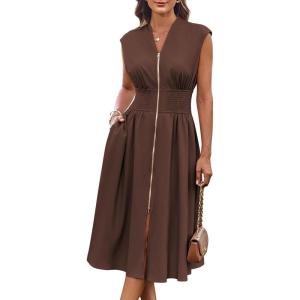 GRACE KARIN Womens Summer Casual Dress, Business Office Work Dresses, Cap Sleeve Zipper Front Flowy Midi Dress with Pockets(Brown)