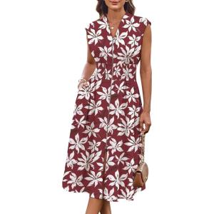 GRACE KARIN Womens Summer Casual Dress, Business Office Work Dresses, Cap Sleeve Zipper Front Flowy Midi Dress with Pockets(Burgundy Floral)
