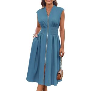 GRACE KARIN Womens Summer Casual Dress, Business Office Work Dresses, Cap Sleeve Zipper Front Flowy Midi Dress with Pockets(Gray Blue)
