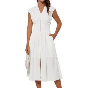 GRACE KARIN Womens Summer Casual Dress, Business Office Work Dresses, Cap Sleeve Zipper Front Flowy Midi Dress with Pockets(Ivory)
