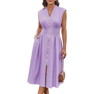 GRACE KARIN Womens Summer Casual Dress, Business Office Work Dresses, Cap Sleeve Zipper Front Flowy Midi Dress with Pockets(Lavender Purple)