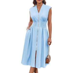 GRACE KARIN Womens Summer Casual Dress, Business Office Work Dresses, Cap Sleeve Zipper Front Flowy Midi Dress with Pockets(Light Blue)