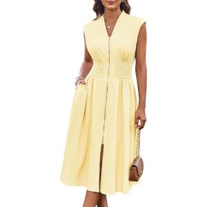 GRACE KARIN Womens Summer Casual Dress, Business Office Work Dresses, Cap Sleeve Zipper Front Flowy Midi Dress with Pockets(Light Yellow)