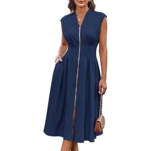 GRACE KARIN Womens Summer Casual Dress, Business Office Work Dresses, Cap Sleeve Zipper Front Flowy Midi Dress with Pockets(Navy Blue)