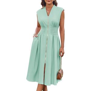 GRACE KARIN Womens Summer Casual Dress, Business Office Work Dresses, Cap Sleeve Zipper Front Flowy Midi Dress with Pockets(Sage Green)