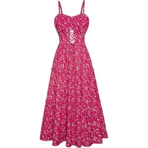GRACE KARIN Women’s Summer Floral Dress 2026 Boho Spaghetti Strap Smocked Tiered Casual Maxi Long Sundress with Pockets(Rose Red Floral)