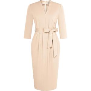 GRACE KARIN Womens Work Dresses V Neck 3/4 Sleeve Back Zipper Tie Waist Bodycon Dress Office Cocktail Dress with Pockets(Apricot)