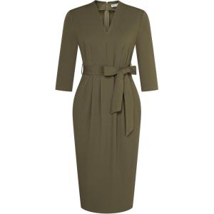GRACE KARIN Womens Work Dresses V Neck 3/4 Sleeve Back Zipper Tie Waist Bodycon Dress Office Cocktail Dress with Pockets(Army Green)