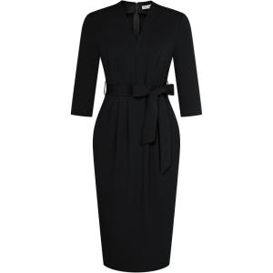 GRACE KARIN Womens Work Dresses V Neck 3/4 Sleeve Back Zipper Tie Waist Bodycon Dress Office Cocktail Dress with Pockets(Black)